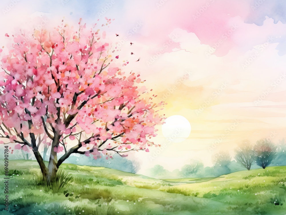Minimalistic Superb Watercolor Illustration of Pink Cherry Tree Blossom Flowers Blooming in a Green Grass Meadow AI Generated