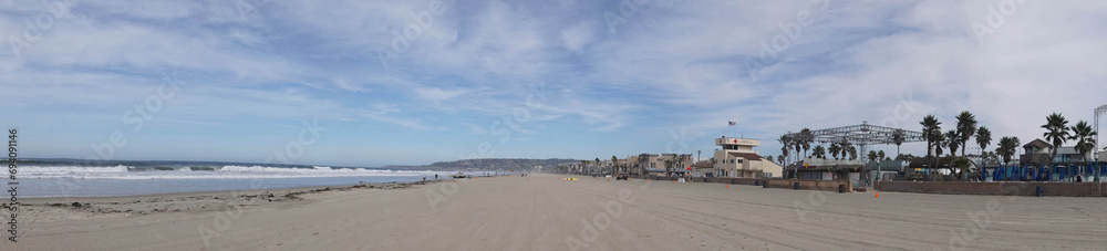 Panorama of sandy coast and surf