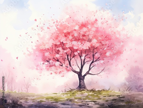 Minimalistic Superb Watercolor Illustration of a Spring Border or Background Art with Pink Blossom AI Generated © Alex