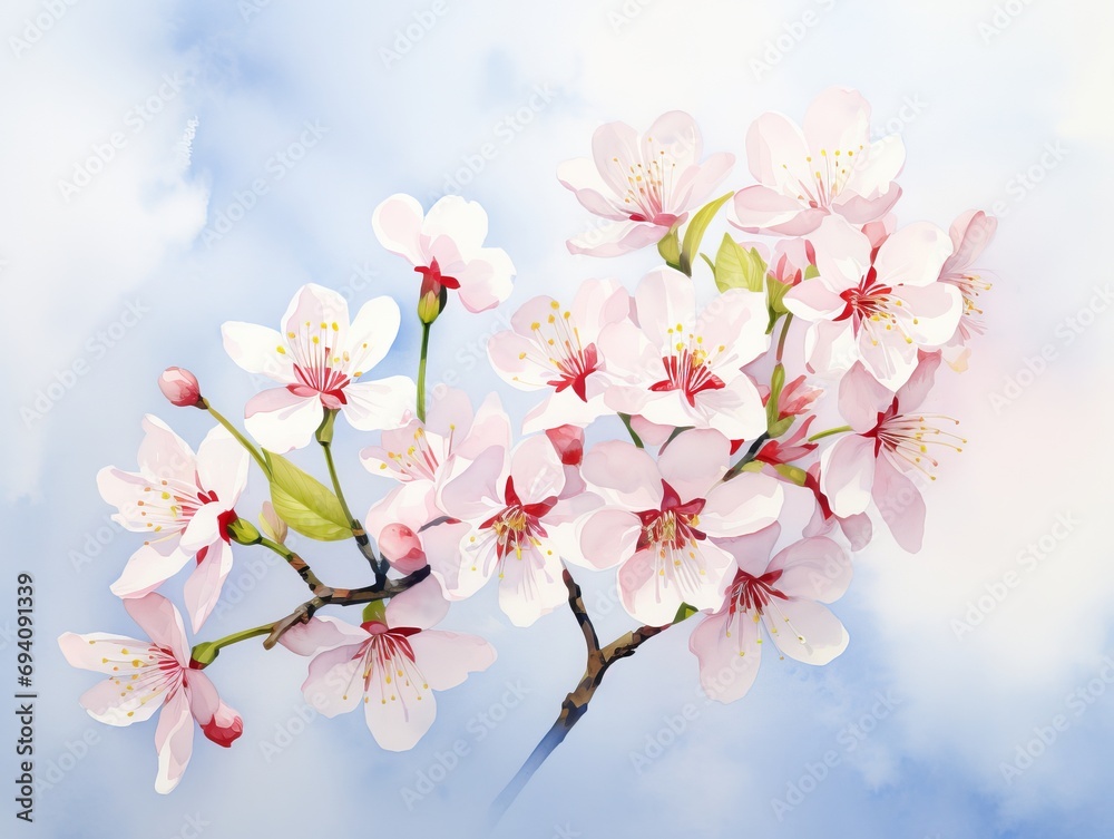 Minimalistic Watercolor Illustration of Cherry Flowers Blooming on Sky Background AI Generated