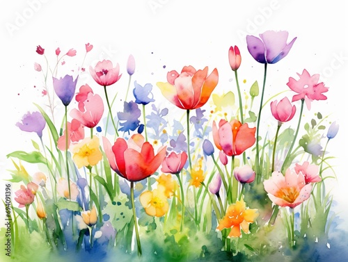 Minimalistic Superb Watercolor Illustration of a Tulip in a Spring Field AI Generated