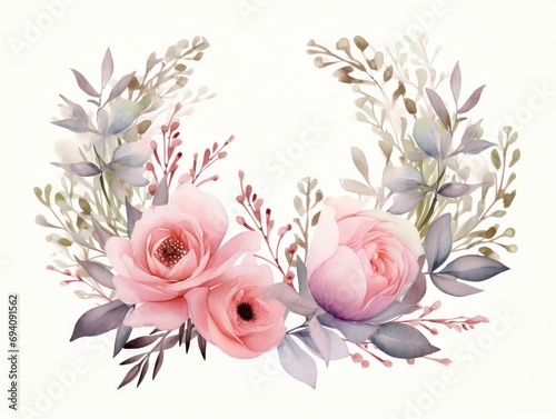 Minimalistic Watercolor Floral Illustration with Pink Flowers and Eucalyptus Greenery AI Generated