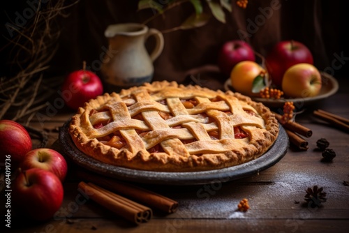 A tantalizing image of a freshly baked apple pie, surrounded by the ingredients that made it so delicious