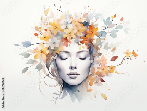 Minimalistic Superb Watercolor Illustration of a Woman Face with Spring Flowers AI Generated
