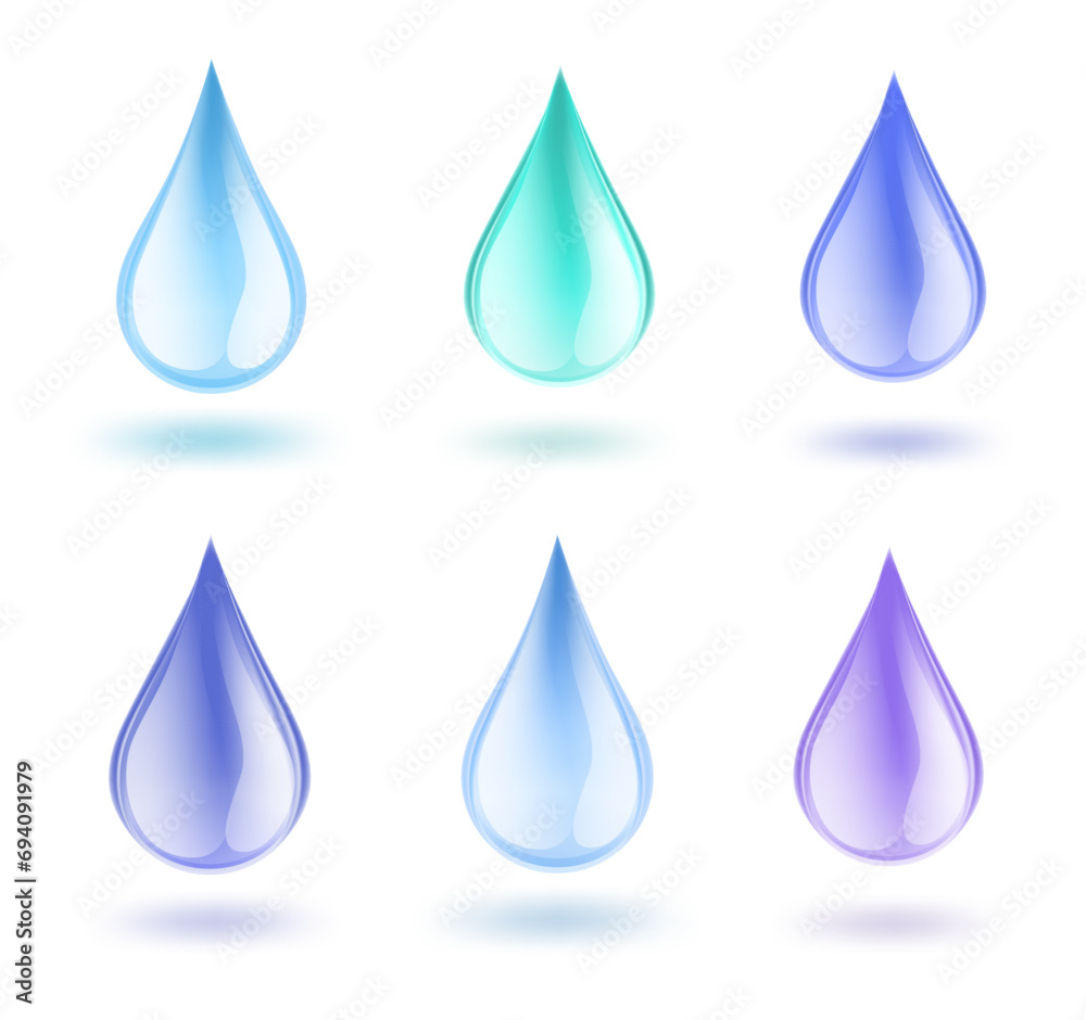 Set of blue water drops on white background. Blue water drips with light reflections, vector Set of blue water drops on white background. Blue water drips with light reflections, vector