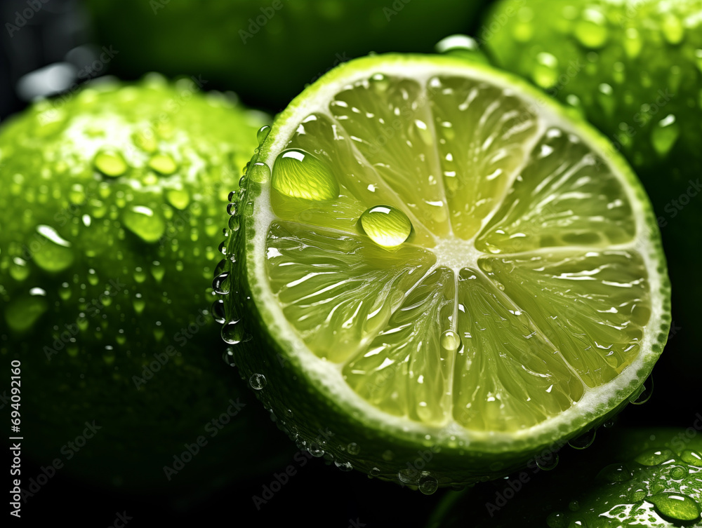 Fresh healthy & organic limes with drops of water. Close up. Generative AI. Fresh healthy & organic limes with drops of water. Close up. Generative AI.