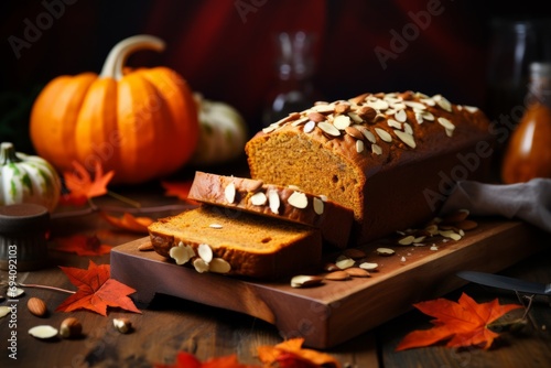 Experience the taste of fall with this freshly baked pumpkin bread on a rustic wooden table