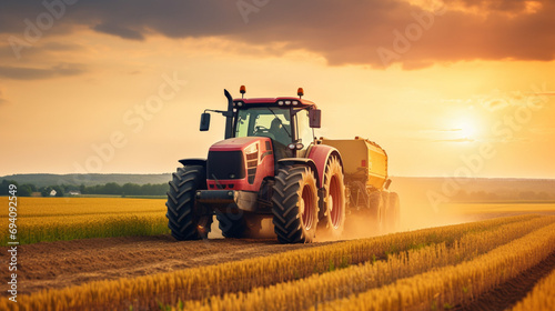 Tractor drives across large field Agricultural vehicle working at sunset  golden hour. 