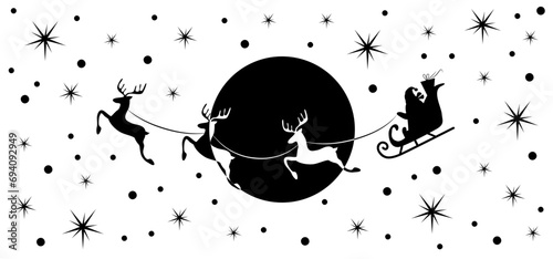 Christmas and new year reindeer with santa claus on a sleign. Moon and snowflakes background. Vector illustration.