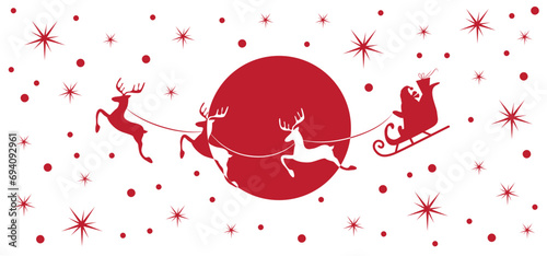 Christmas and new year reindeer with santa claus on a sleigh Moon and stars background. Vector illustration