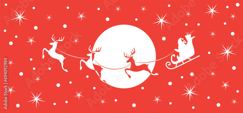 Christmas and new year reindeer with santa claus on a sleigh Moon and stars background. Vector illustration.