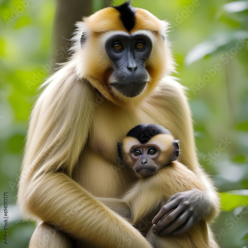 close image of Yellow Cheeked Gibbon monkey (Nomascus Gabriallae) mother with child in the forest © Antonio Giordano