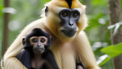 close image of Yellow Cheeked Gibbon monkey (Nomascus Gabriallae) mother with child in the forest photo