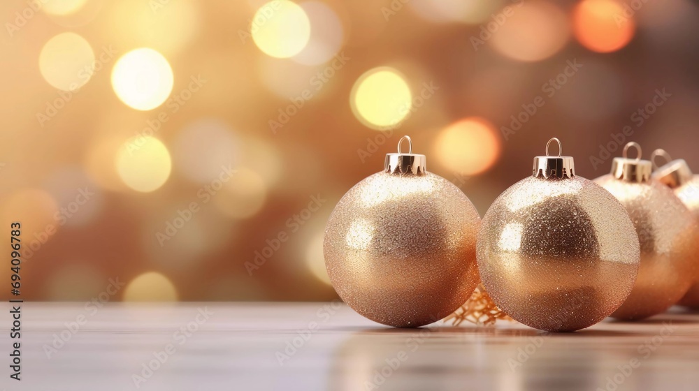 3D rendering of glass Christmas bulbs with bokeh background, Christmas ornaments on Christmas tree with gold and white lights 3D rendering of glass Christmas bulbs with bokeh background, Christmas ornaments on Christmas tree with gold and white lights