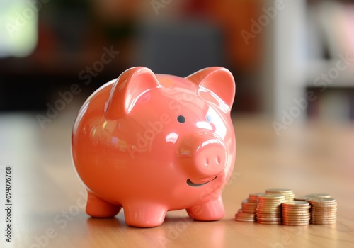 A shiny pink piggy bank with a smiling face placed on a wooden surface. To the right of the piggy bank is a neat stack of golden coins reflecting light.