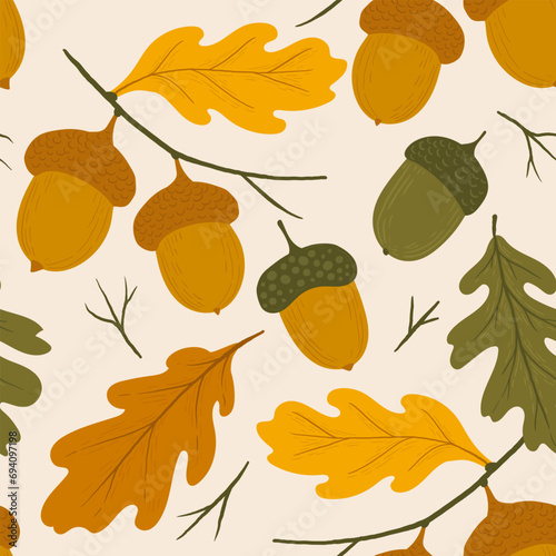 acorns on branches with yellow carved leaves. autumn forest pattern without seams.
