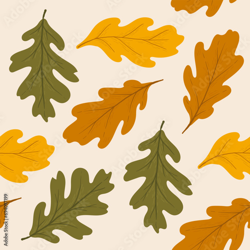 background with oak multicolored leaves in a cute style. autumn leaf fall endless print.
