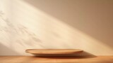 Empty minimalist natural wood table, beautiful wood grain in sunlight, shadow on beige wall, 3D product display background