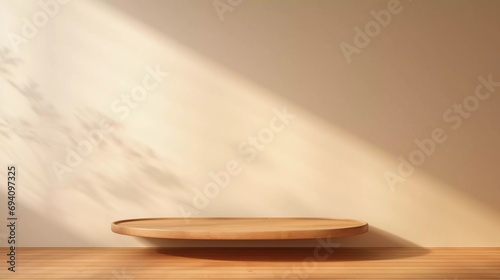 Empty minimalist natural wood table, beautiful wood grain in sunlight, shadow on beige wall, 3D product display background
