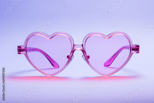 Pink heart shaped sunglasses. Valentines day card, love and romantic minimal concept. Heart glasses on pink. Looking for love, see the world in a different way, romantic love symbol