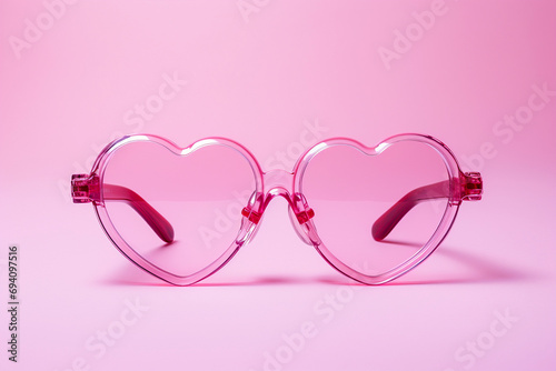 Pink heart shaped sunglasses. Valentines day card, love and romantic minimal concept. Heart glasses on pink. Looking for love, see the world in a different way, romantic love symbol