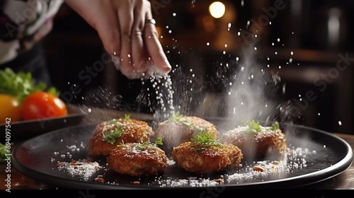 Female chef cooks delicious and appetizing cutlets, hands sprinkle seasoning powder on top, food is ready to be served on a plate for customers 5 star restaurant kitchen closeup detailed artwork