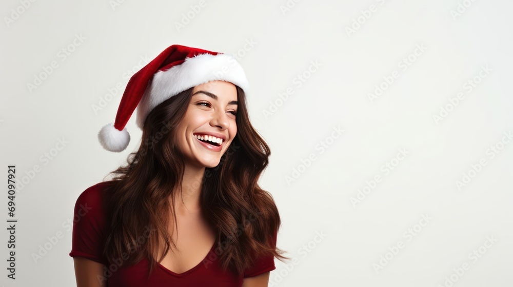 Portrait of a smiling beautiful young woman wearing a Santa's hat on a light background Portrait of a smiling beautiful young woman wearing a Santa's hat on a light background