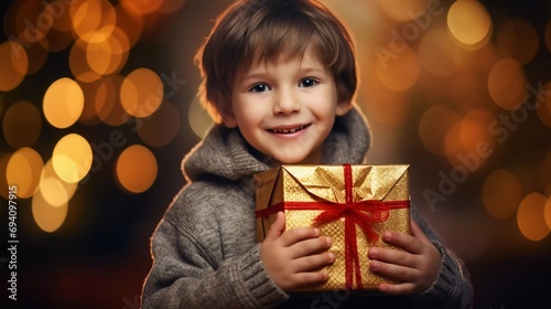 Little boy holding a gift box on Christmas day with a background of atmosphere on the eve of Christmas celebrations, happy facial expression