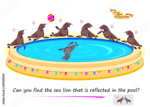 Logic puzzle game for children and adults. Can you find the sea lion that is reflected in the pool? Page for brain teaser book. Developing kids spatial thinking. Task for attentiveness. Vector image.