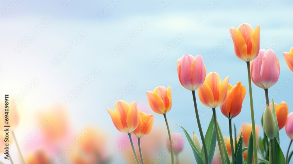 Beautiful tulips on the light background. Beautiful festive background with space for text