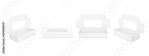 Cardboard Flip Top Mailer Boxes With Window, Opened And Closed Lid, Front, Side View, Vector Illustration