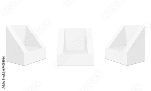 Triangle Display Boxes Mockups, Isolated On White Background, Front And Side View. Vector Illustration