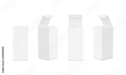 Set Of Tall Cardboard Rectangular Packaging Boxes, Opened And Closed Lid, Isolated On White Background. Vector Illustration