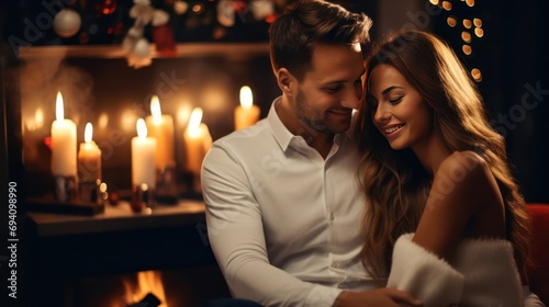 Beautiful couple man and woman sitting near the fireplace and candels.