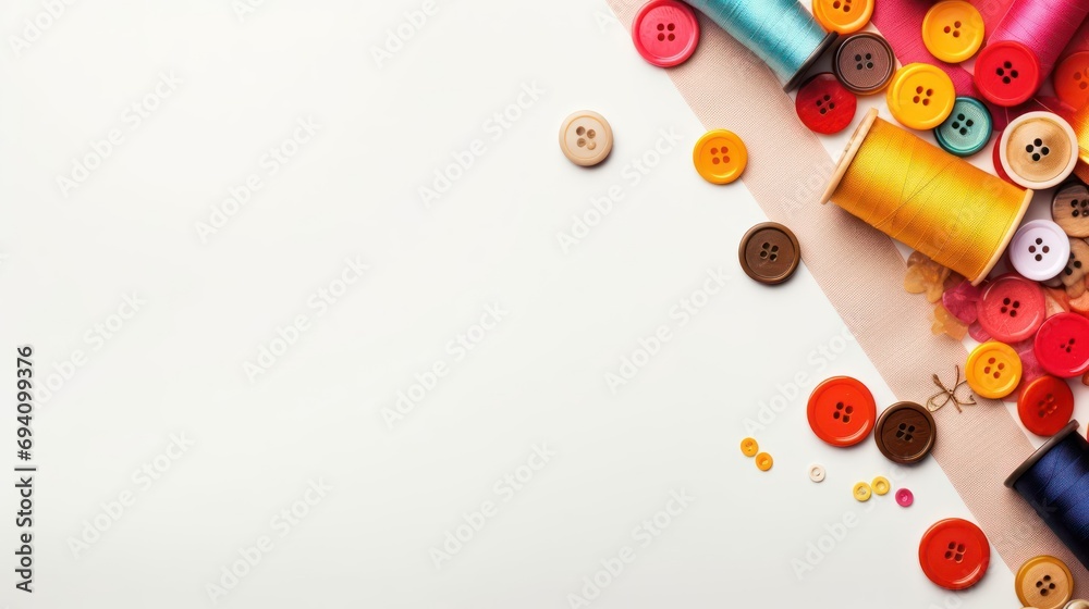 Spools of thread and buttons on a light background with space for text Spools of thread and buttons on a light background with space for text