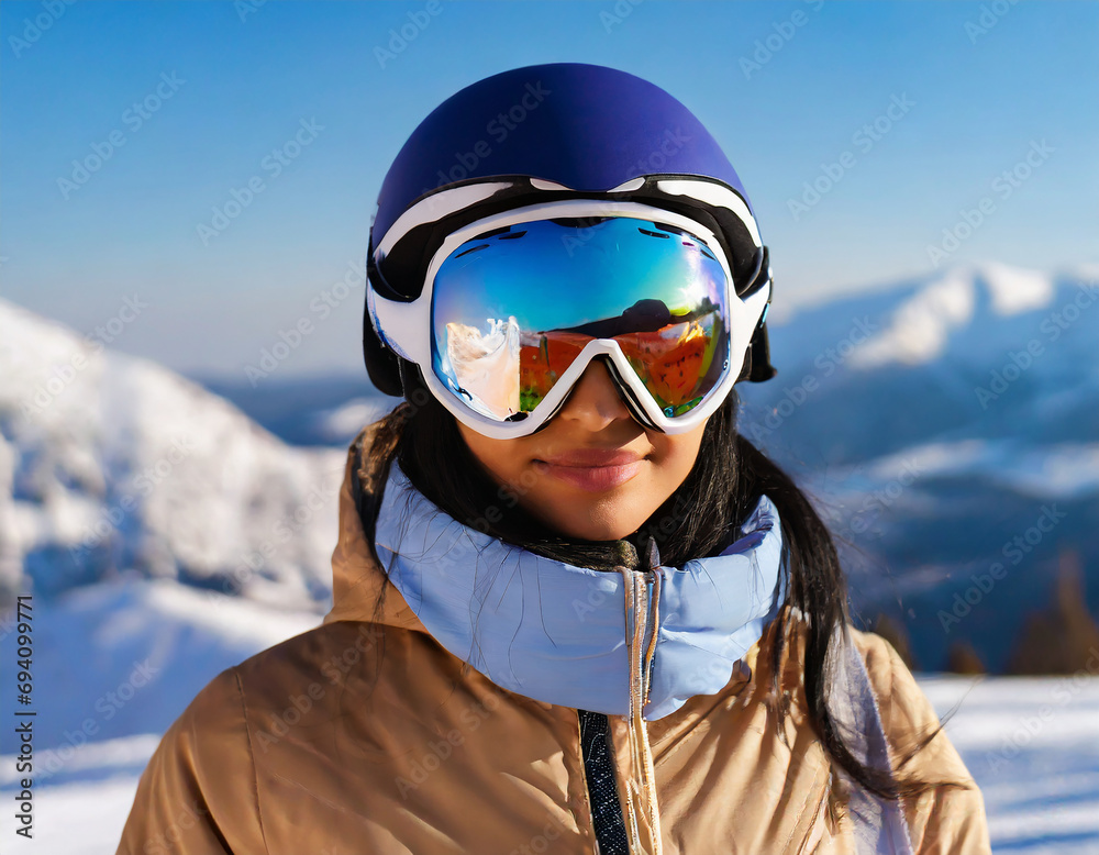 A Mountain Range Reflected In The Ski Mask. Winter Sports. Woman At The Ski Resort On The Background Of Mountains And Blue Sky.