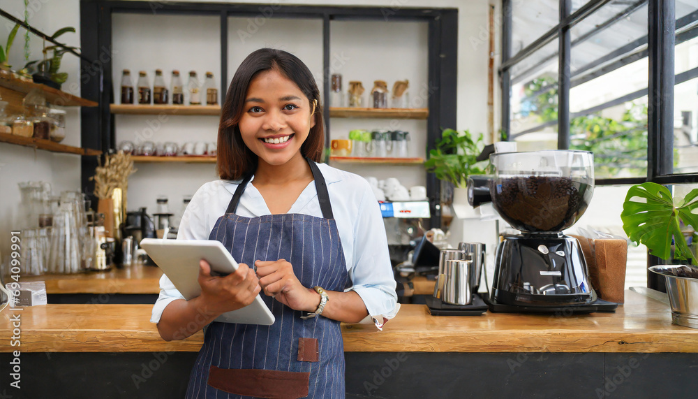 An Asian female barista wears an apron and holds a tablet computer coffee menus at a counter bar with a smiling face