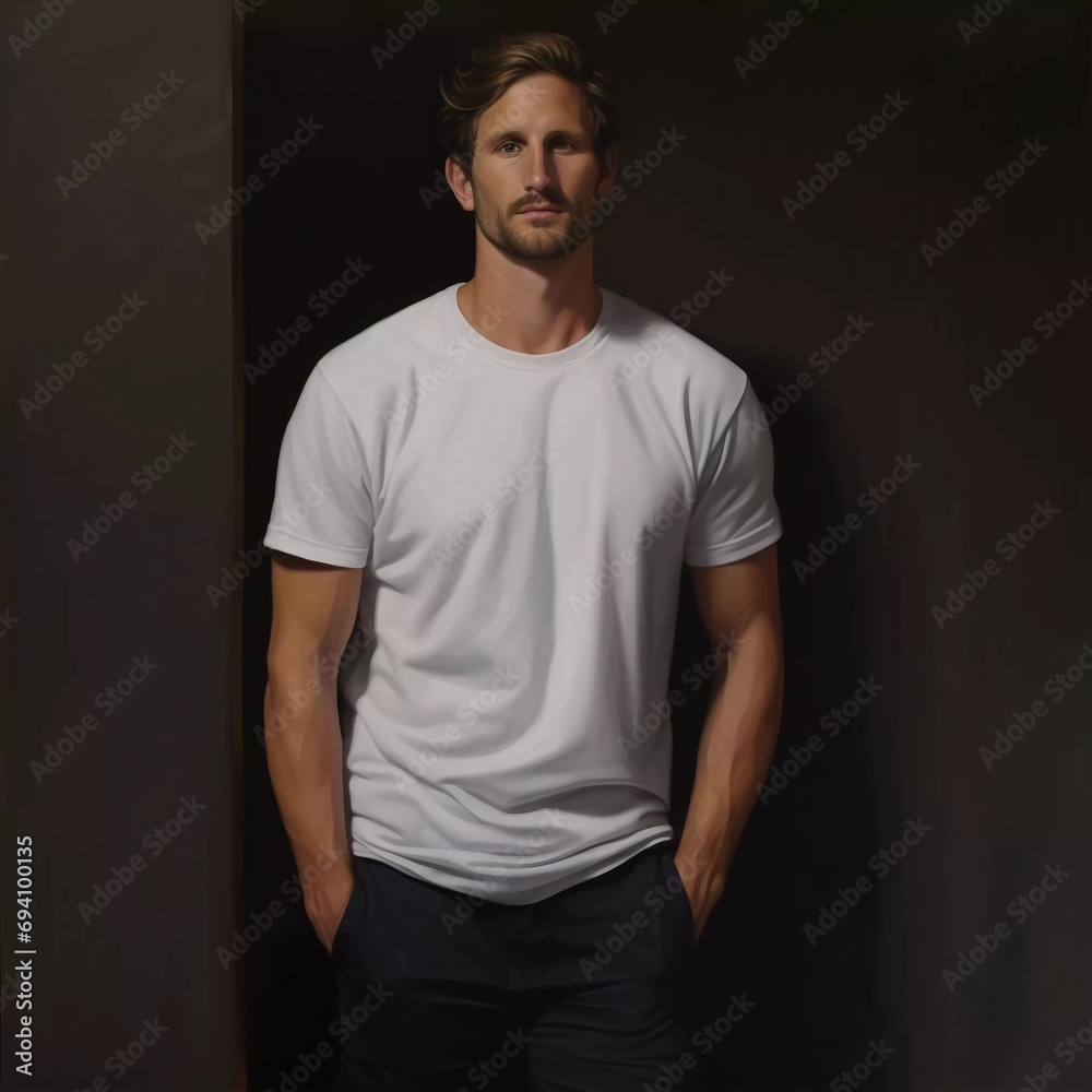 portrait of a man with an upright body and wearing a plain white t-shirt and black trousers portrait of a man with an upright body and wearing a plain white t-shirt and black trousers