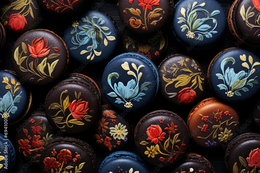 beautiful delicious hand painted macaroons pattern with folklore floral motifs