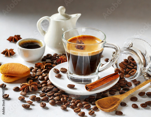 Aromatic journey of espresso and rich coffee aromas on white background isolated. Morning elixir. Showcasing art of essence of caffeine