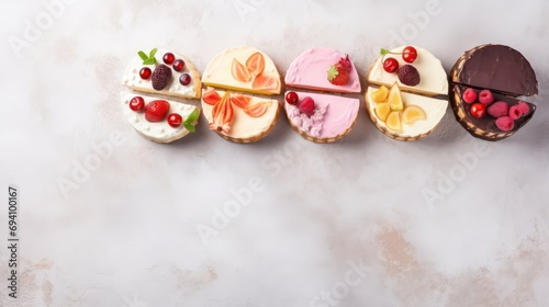 Delicious and beautiful desserts on a light background with space for text