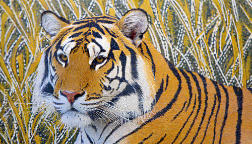 Art life of tiger in nature  block print style