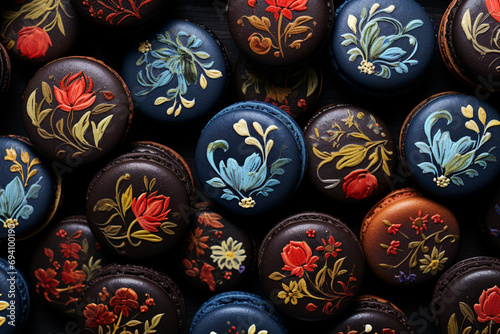 beautiful delicious hand painted macaroons pattern with folklore floral motifs © World of AI