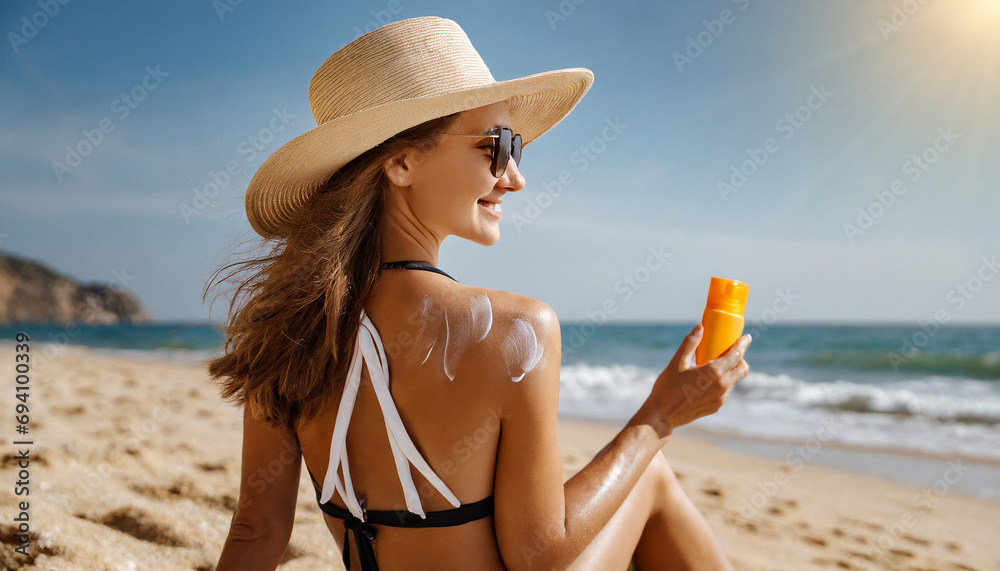 Beautiful Woman apply Sun cream on tanned back. Skin and Body Care.Sun