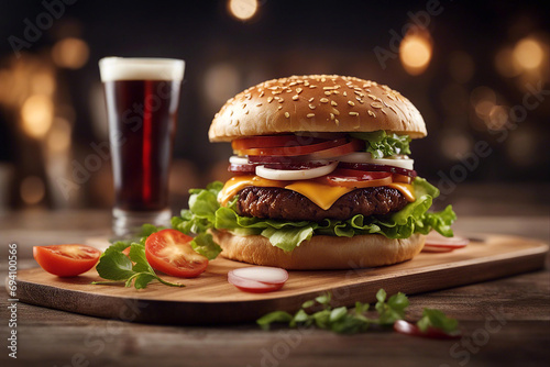 Hamburger. Big burger. Burger on a wooden board close-up. Selective focus. AI generated