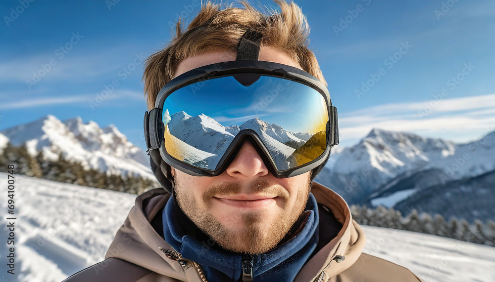Close Up Of The Ski Goggles Of A Man With The Reflection Of Snowed Mountains. Man In The Background Blue Sky. Winter Sports.