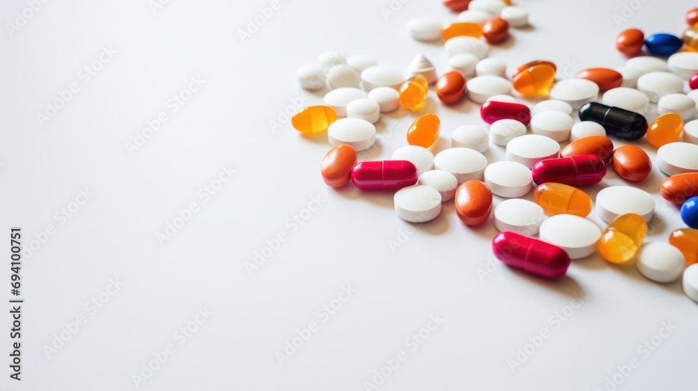 Multi-colored tablets scattered on a light background with space for text Multi-colored tablets scattered on a light background with space for text
