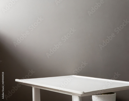 Copy space background. Monochrome minimalist empty table with white wase. Wall scene mockup product for showcase, Promotion background.