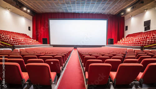Empty cinema in red color with white blank screen