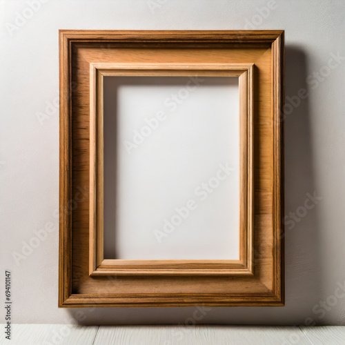 Empty wooden picture frame with clipping path isolated over white wall; free space for text